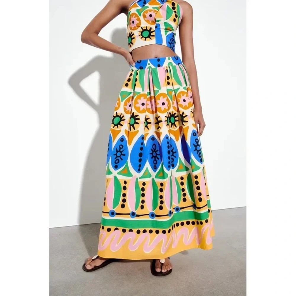 Zara High Waisted Printed Voluminous Maxi Skirt - Picture 1 of 4